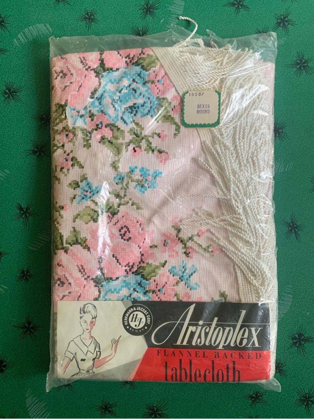 NOS NWT Vintage Aristoplex Pink Fringe 58” Round Flannel Backed Tablecloth